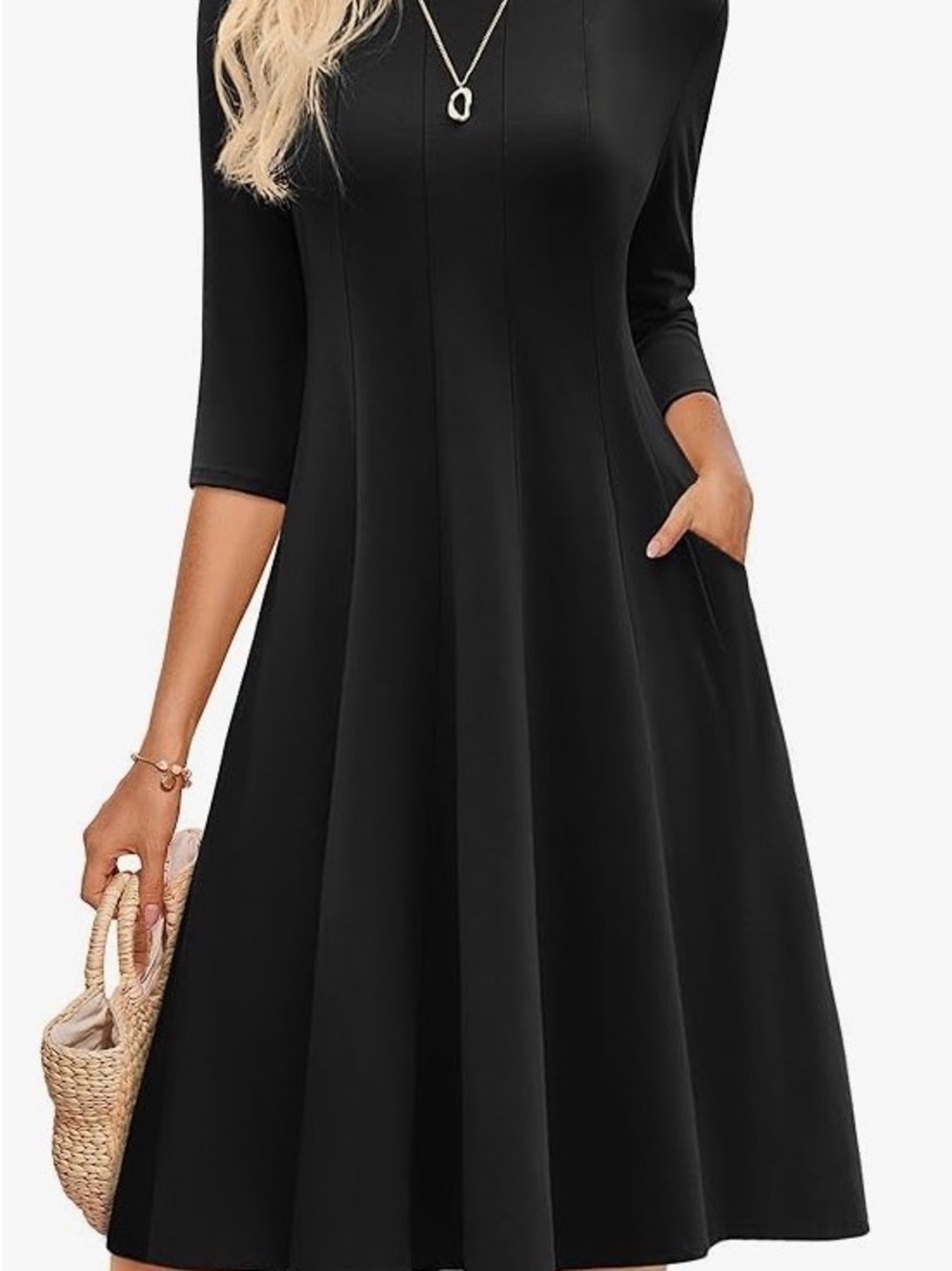 Grace Karin Black Midi A-Line Dress with Three-Quarter Sleeves